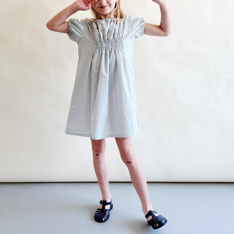 Girls Puff Sleeve Pleated Checkered Dress 223869KLP-(Handmade)