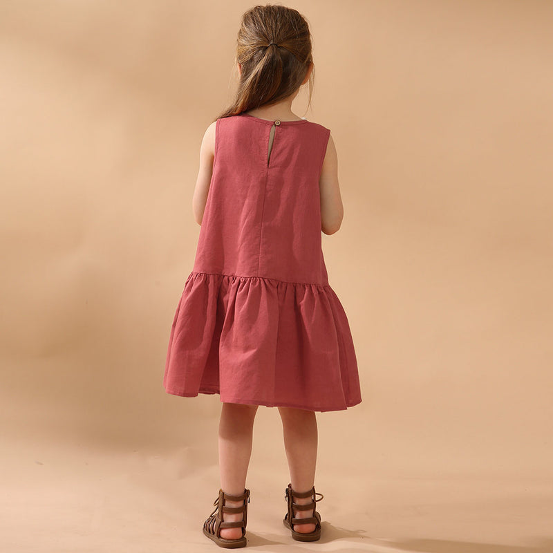 Girls Retro Sleeveless Ruffled Casual Loose Linen Dresses