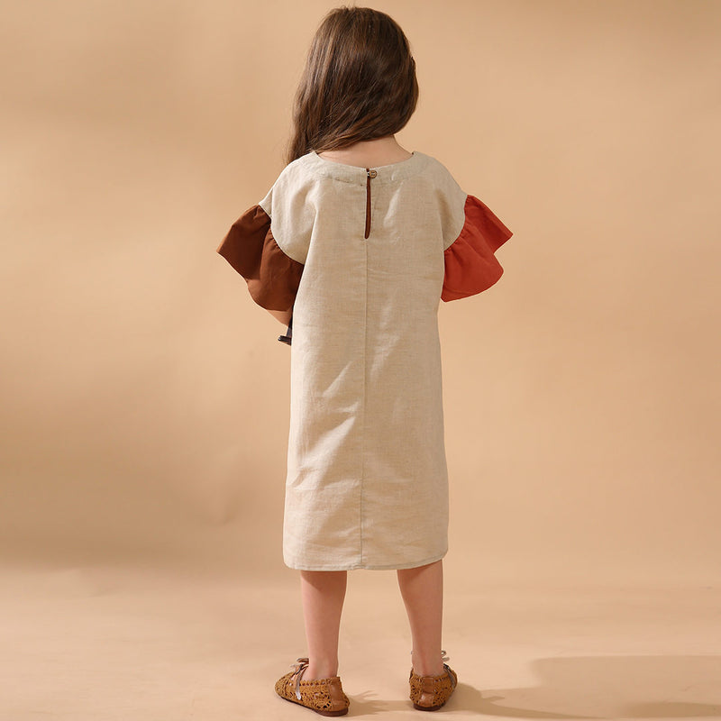 Girls Linen Patchwork Flare Sleeve Casual Dresses