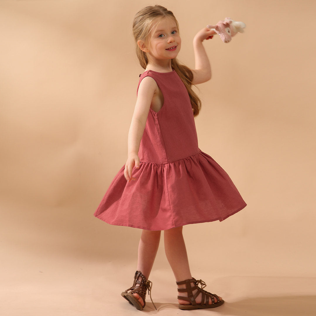 Girls Retro Sleeveless Ruffled Casual Loose Linen Dresses