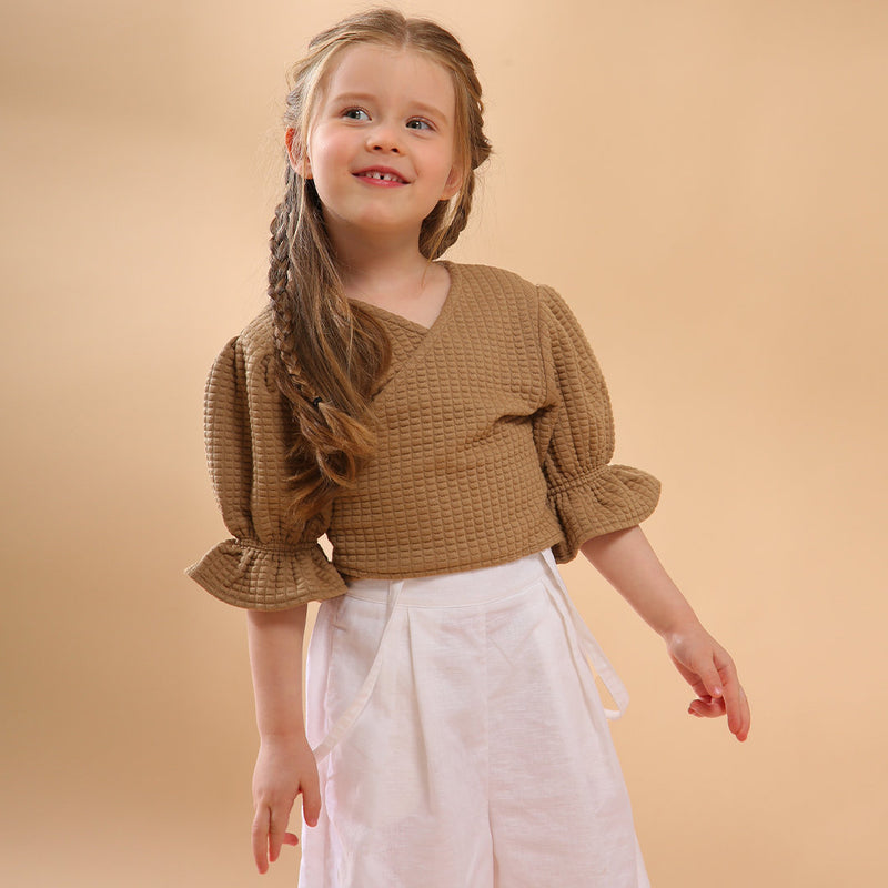 New Children's V-neck Casual Lace-up Wrap Tops With Balloon Sleeve TZ108