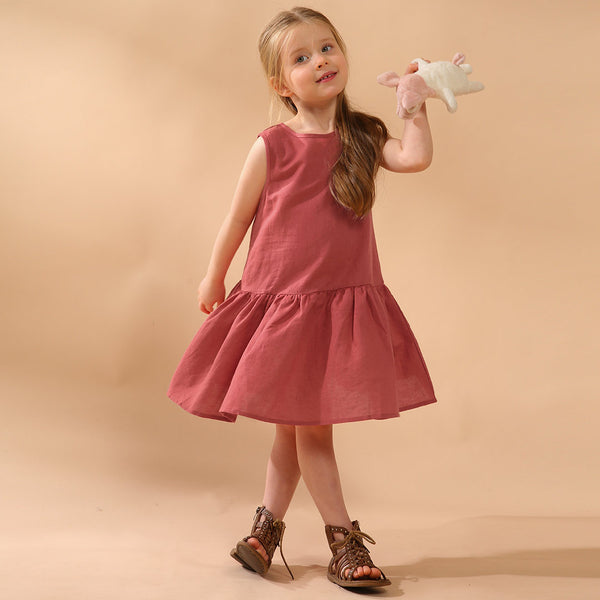 Girls Retro Sleeveless Ruffled Casual Loose Linen Dresses