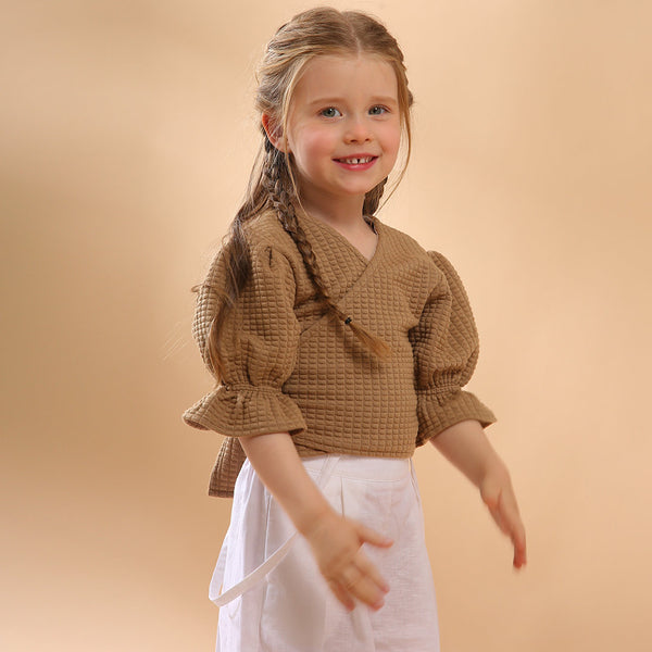 New Children's V-neck Casual Lace-up Wrap Tops With Balloon Sleeve TZ108