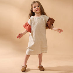 Girls Linen Patchwork Flare Sleeve Casual Dresses