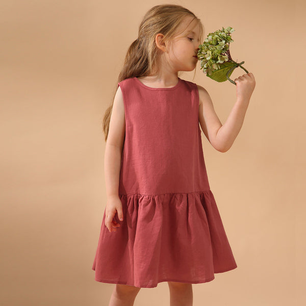 Girls Retro Sleeveless Ruffled Casual Loose Linen Dresses