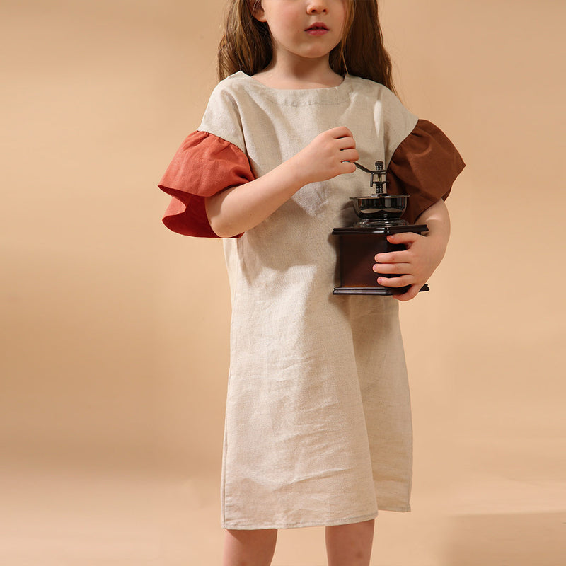 Girls Linen Patchwork Flare Sleeve Casual Dresses