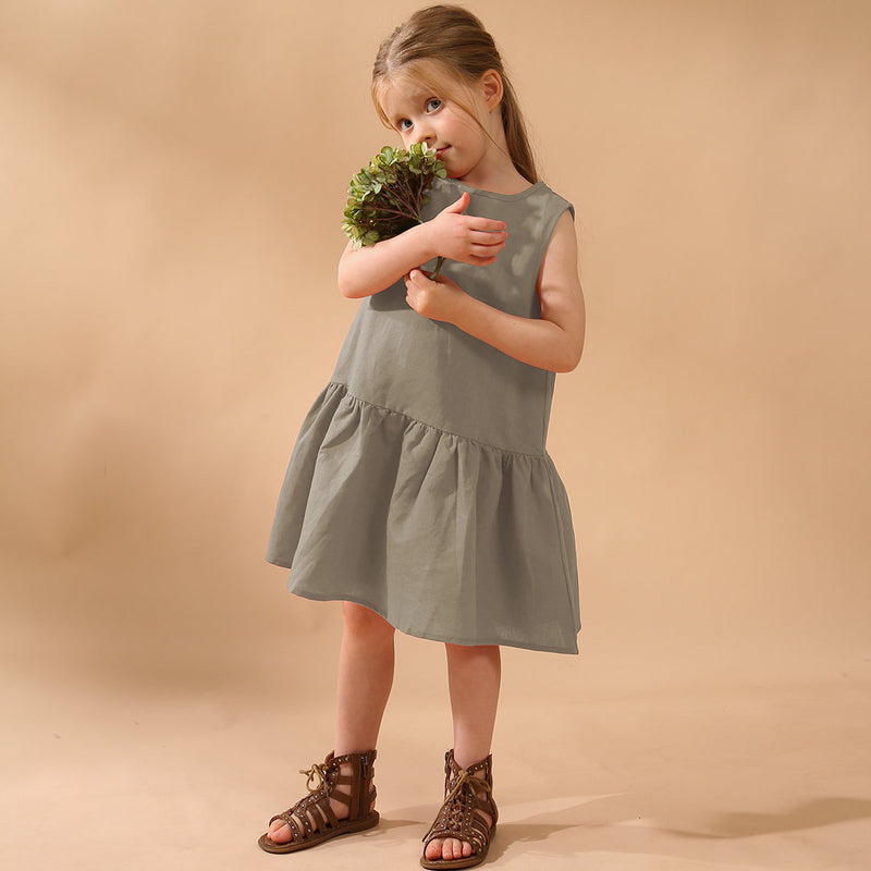 Girls Retro Sleeveless Ruffled Casual Loose Linen Dresses