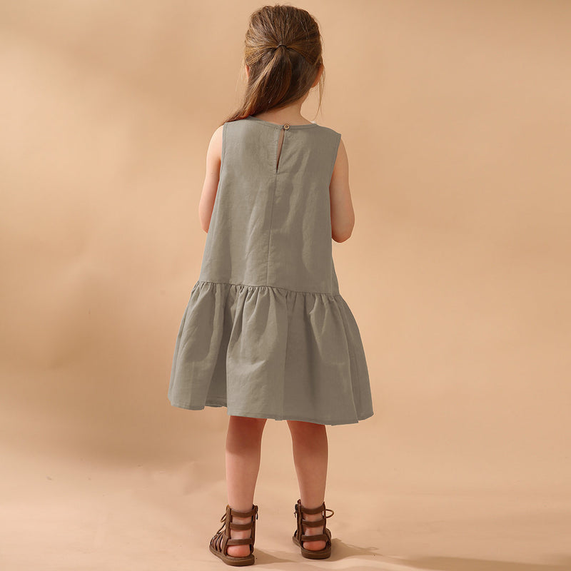 Girls Retro Sleeveless Ruffled Casual Loose Linen Dresses