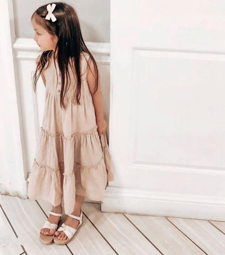 Girls Linen Skirt Lace Pleated Sleeveless Dress GH51