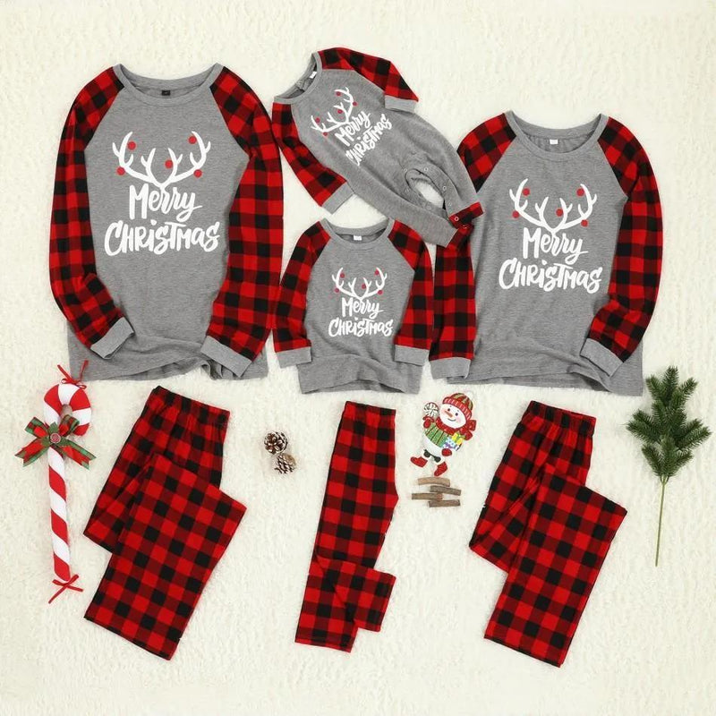 Merry Christmas Antler Letter Print Plaid Family Pajamas Sets GH05