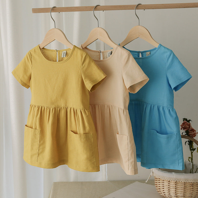 Girl Yellow Casual Short Sleeve Kids Holiday Dress With Pockets TZ20