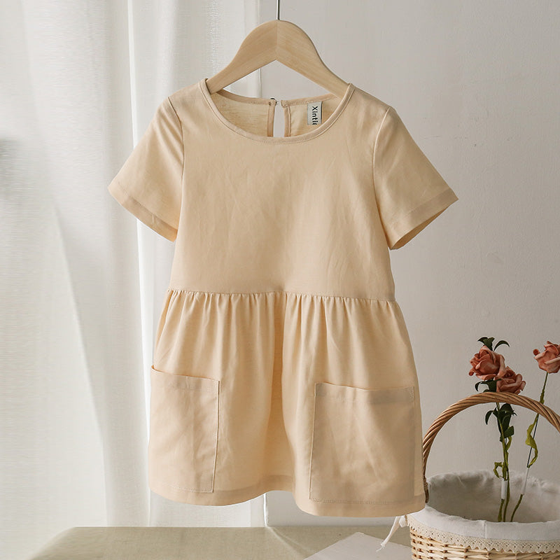 Girl Yellow Casual Short Sleeve Kids Holiday Dress With Pockets TZ20