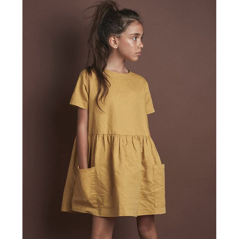 Girl Yellow Casual Short Sleeve Kids Holiday Dress With Pockets TZ20