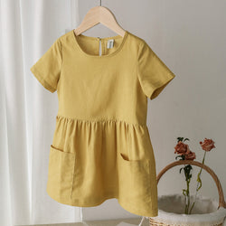 Girl Yellow Casual Short Sleeve Kids Holiday Dress With Pockets TZ20