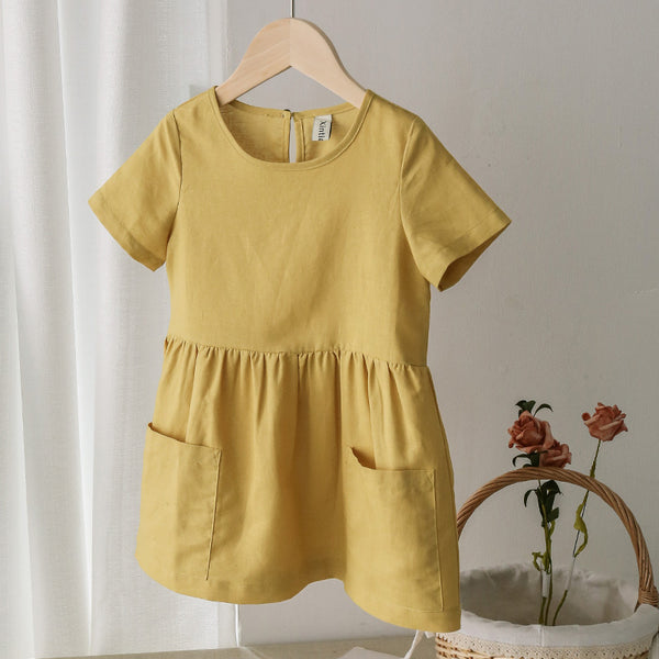 Girl Yellow Casual Short Sleeve Kids Holiday Dress With Pockets TZ20