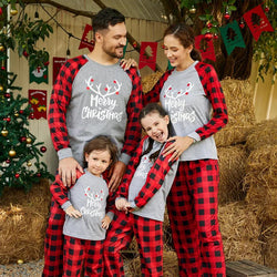 Merry Christmas Antler Letter Print Plaid Family Pajamas Sets GH05