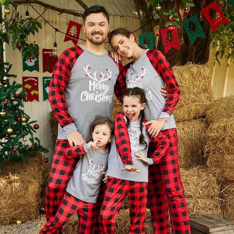 Merry Christmas Antler Letter Print Plaid Family Pajamas Sets GH05