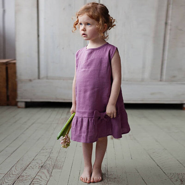 Cute Bow Sleeveless O-Neck Ruffle Flowy Linen Flower Girl Dresses TZ24