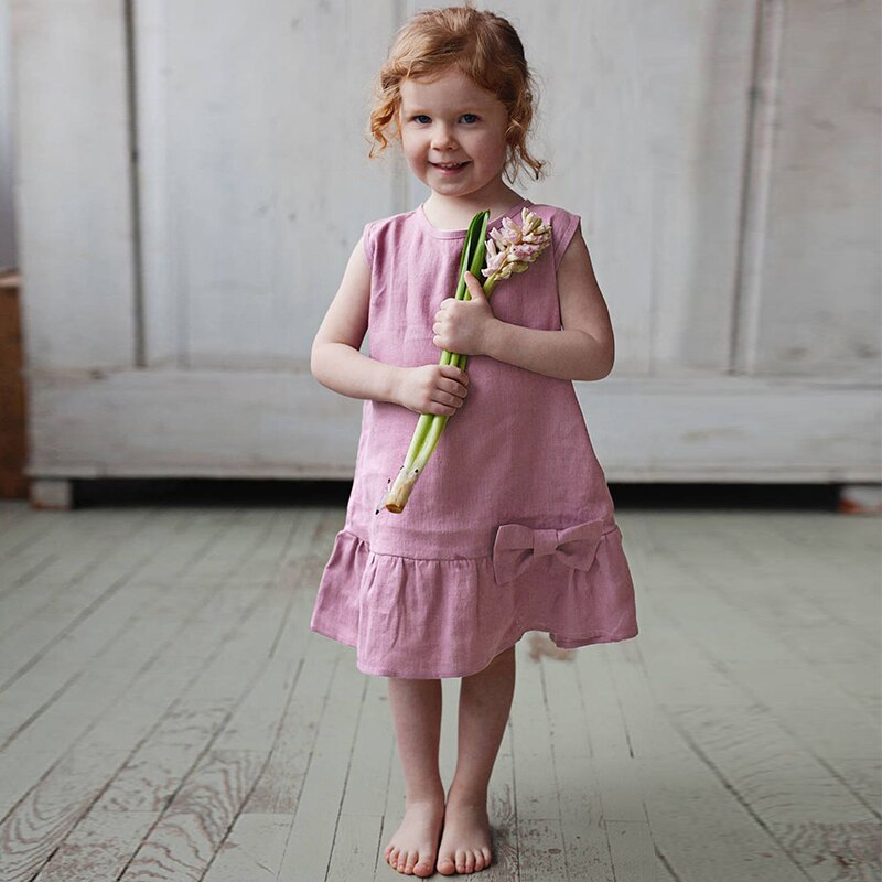 Cute Bow Sleeveless O-Neck Ruffle Flowy Linen Flower Girl Dresses TZ24