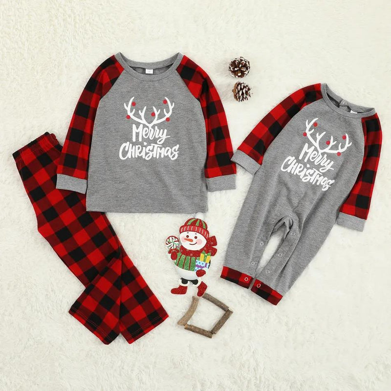 Merry Christmas Antler Letter Print Plaid Family Pajamas Sets GH05