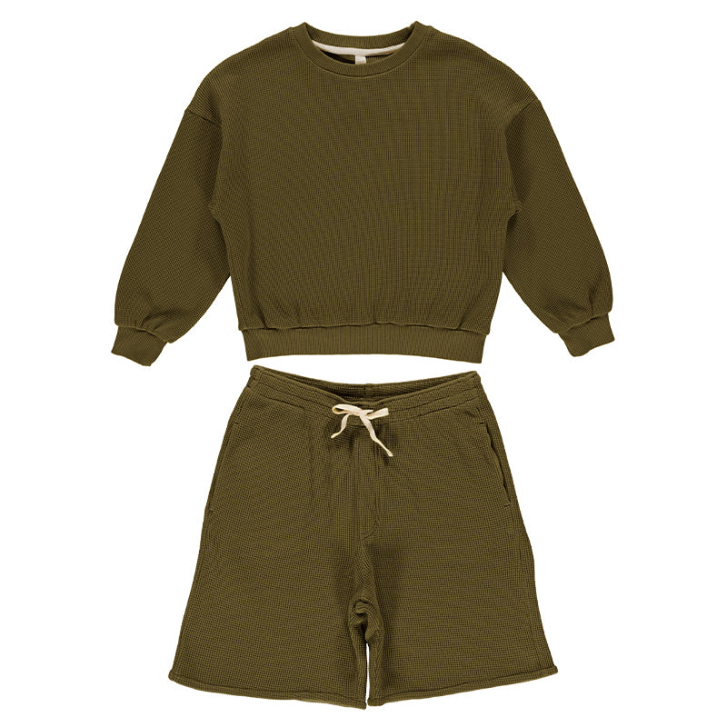 Autumn Retro Casual Round Neck Long-Sleeve Sweatshirt + Drawstring Shorts 2pcs Set TZ131