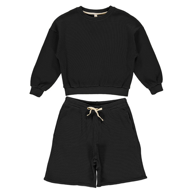 Autumn Retro Casual Round Neck Long-Sleeve Sweatshirt + Drawstring Shorts 2pcs Set TZ131