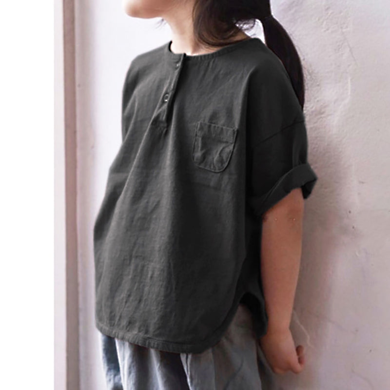 Casual Round Neck Pocket Loose Solid Top Tees WT761