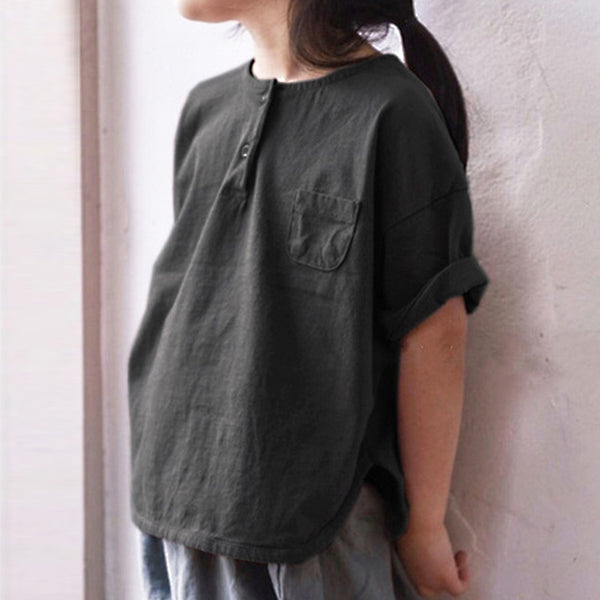 Casual Round Neck Pocket Loose Solid Top Tees WT761