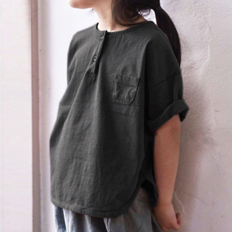 Casual Round Neck Pocket Loose Solid Top Tees WT761