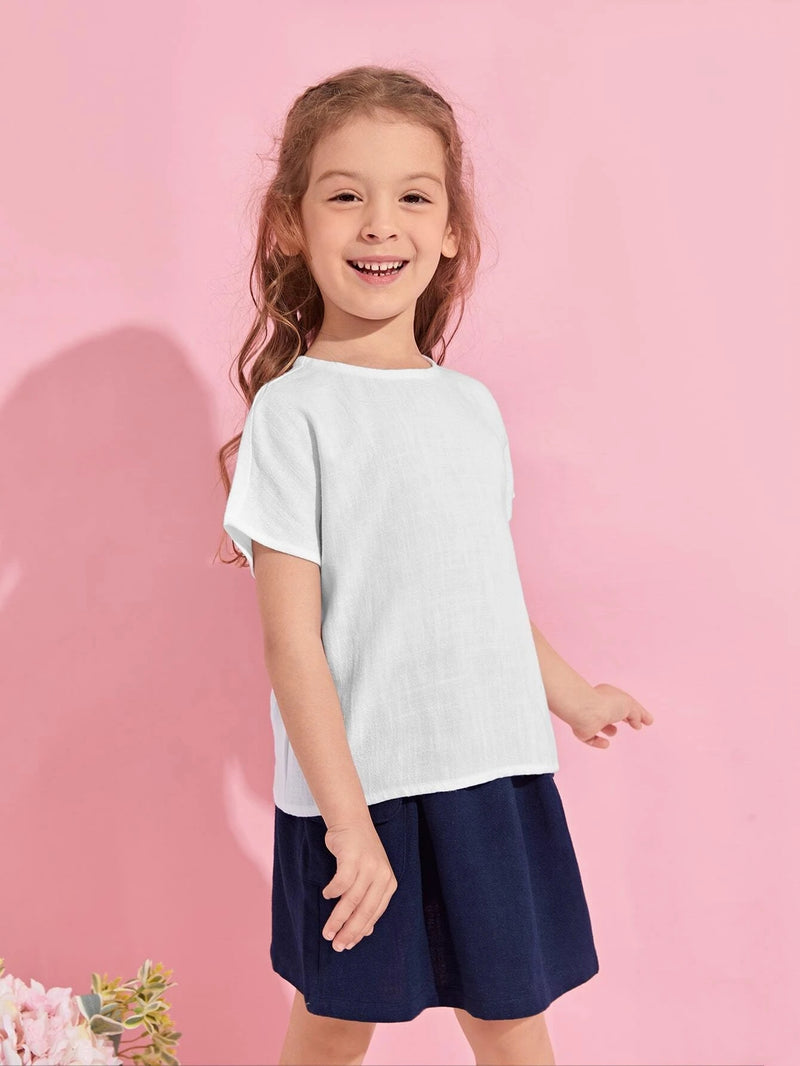 Children's  Linen Short-Sleeved T-Shirt  Round Neck Casual Basic Solid Top TZ54