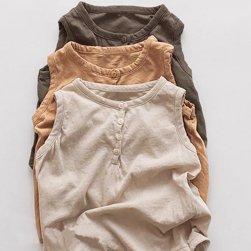 Linen Sleeveless O-neck Button Solid Casual T-Shirt  WT038