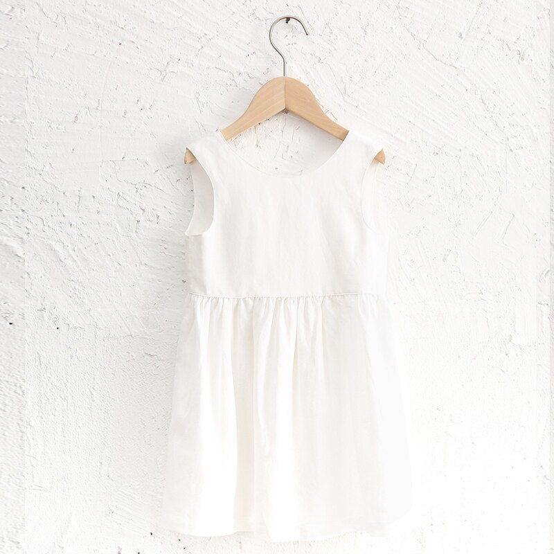 New Children's V-Neck Backless Casual Loose Beach Linen Dresses TZ08