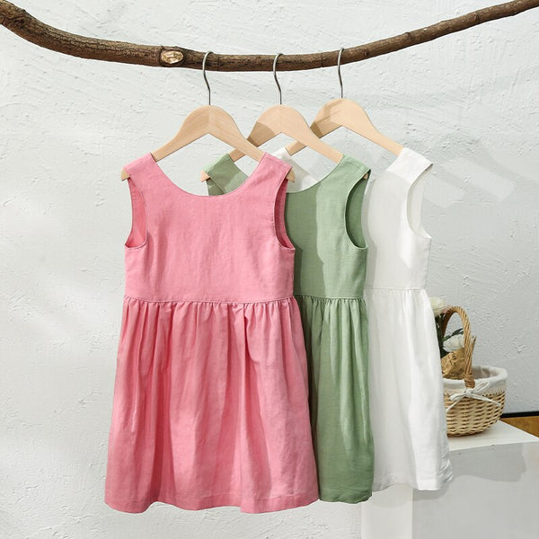 New Children's V-Neck Backless Casual Loose Beach Linen Dresses TZ08