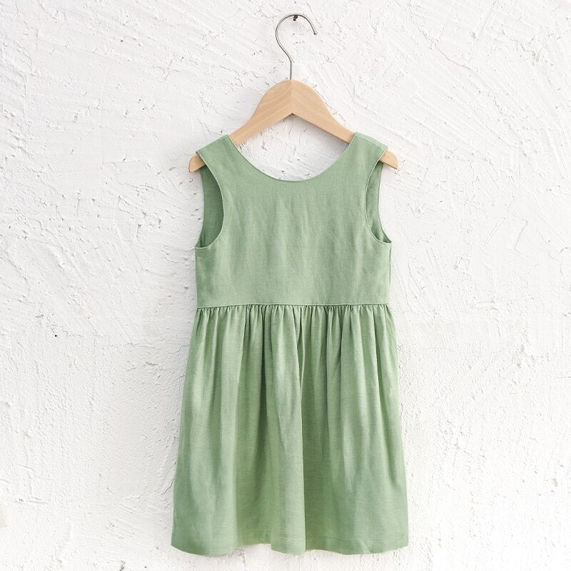 New Children's V-Neck Backless Casual Loose Beach Linen Dresses TZ08