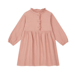 Girls Retro Button Round Neck Long-Sleeve Casual Midi Dresses TZ084