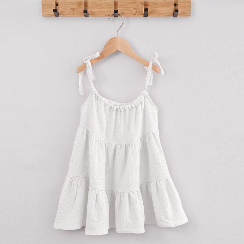 Summer Girls Casual Fashion White Dresses Cotton Ruffle Sleeveless