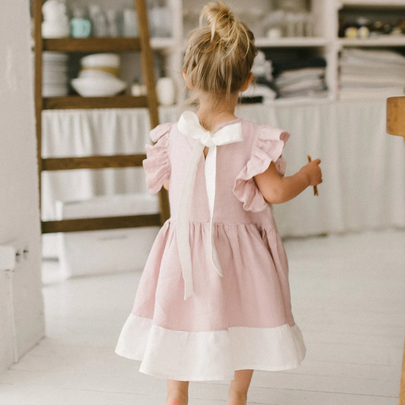 Girls Patchwork Petal Sleeve Casual Pink Princess Dresses TZ006