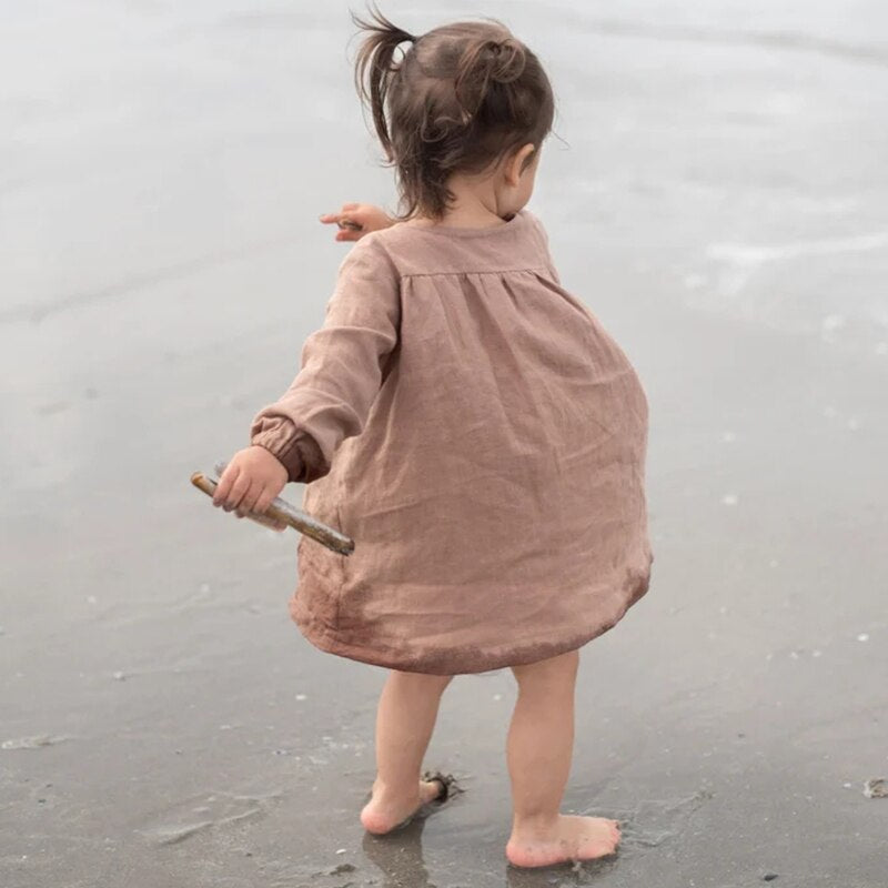 Girls Cotton And Linen Retro Long-Sleeve Dress TZ010