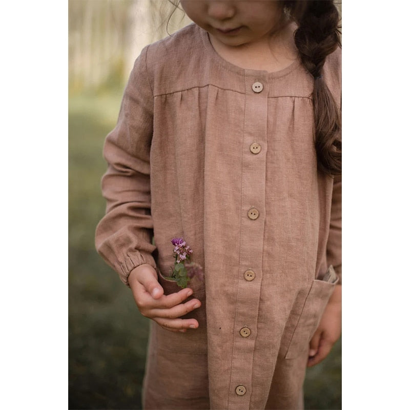 Girls Cotton And Linen Retro Long-Sleeve Dress TZ010