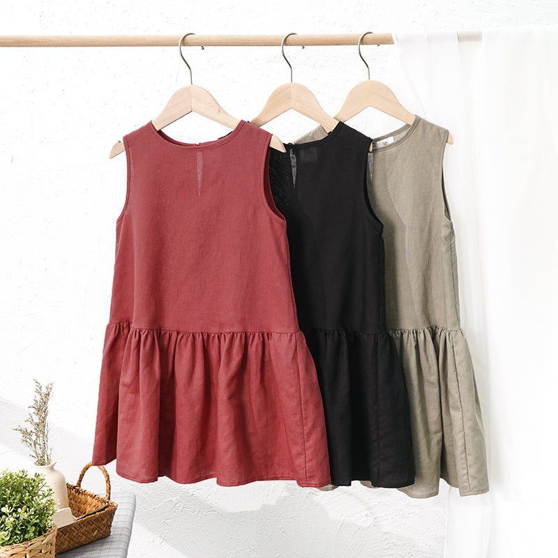 Girls Retro Sleeveless Ruffled Casual Loose Linen Dresses TZ011