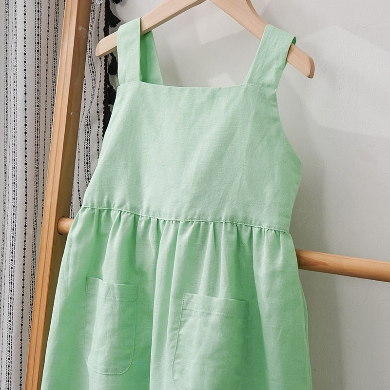 Girls' Cotton And Linen Sleeveless Suspender Dress TZ77