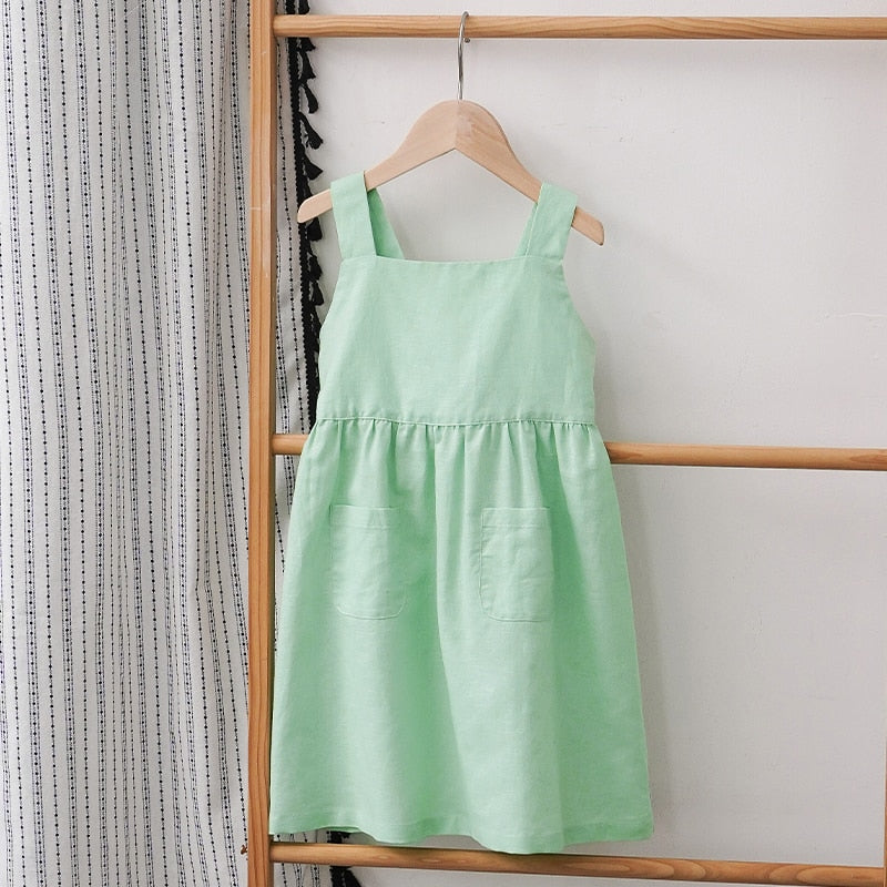 Girls' Cotton And Linen Sleeveless Suspender Dress TZ77