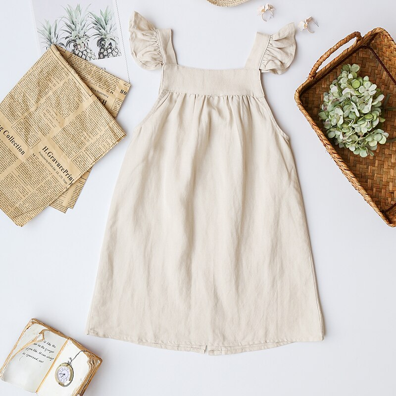 Girls Cotton And Linen  Sleeveless Button Casual Strap Dresses