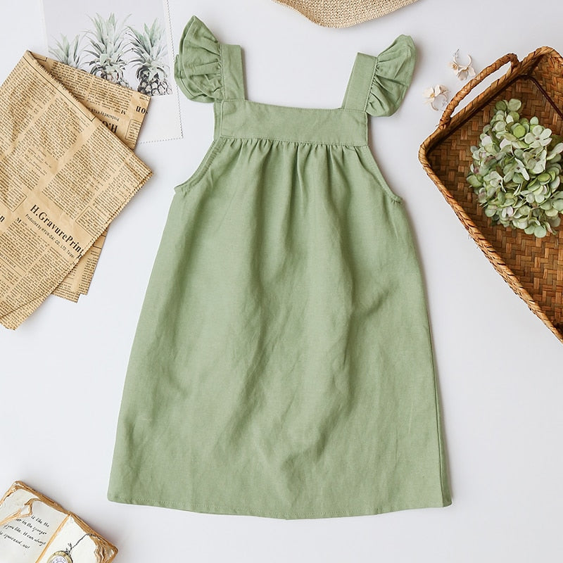 Girls Cotton And Linen  Sleeveless Button Casual Strap Dresses