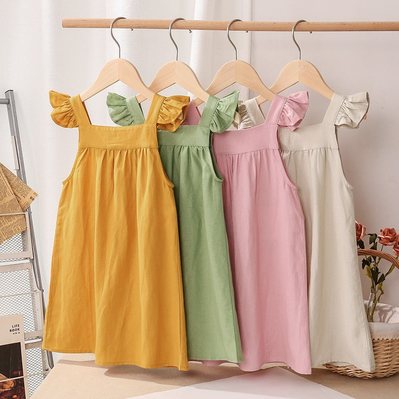 Girls Cotton And Linen  Sleeveless Button Casual Strap Dresses