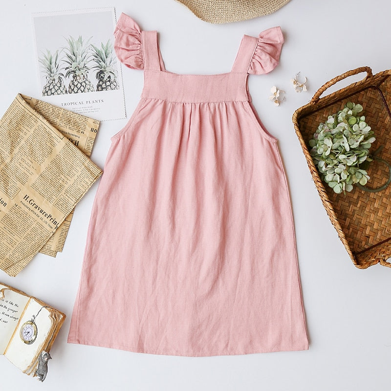 Girls Cotton And Linen  Sleeveless Button Casual Strap Dresses