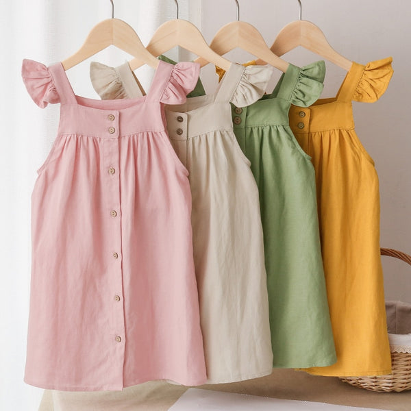 Girls Cotton And Linen  Sleeveless Button Casual Strap Dresses