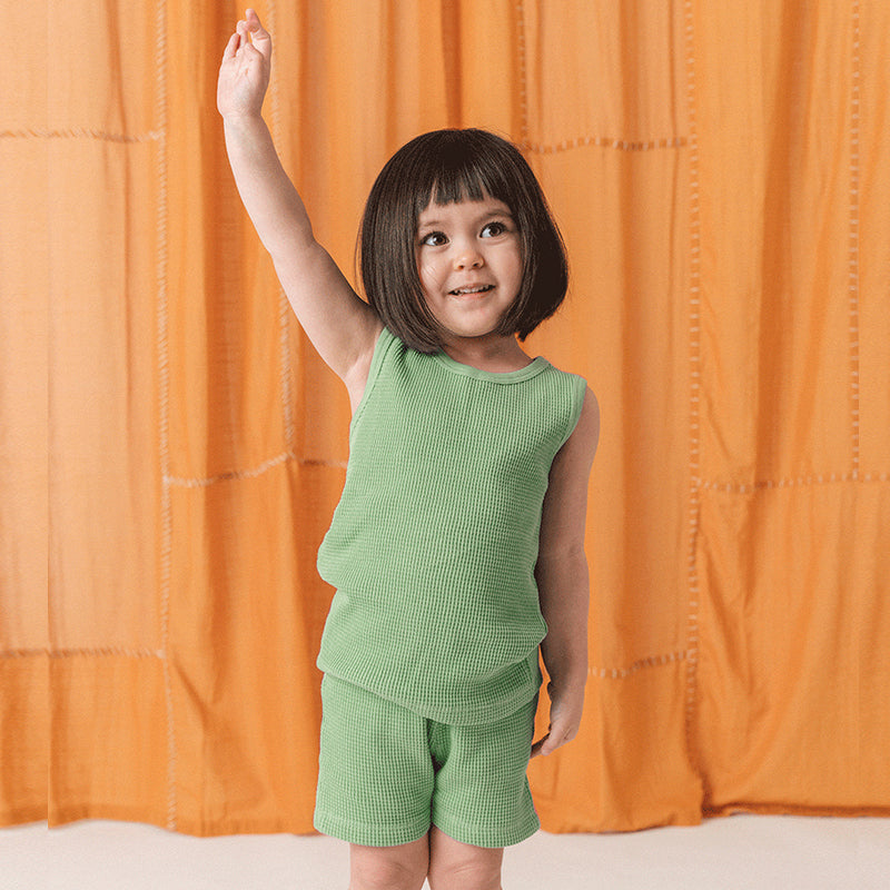 Girls Cotton Waffle Casual Sleeveless 2pcs Suit TZ126