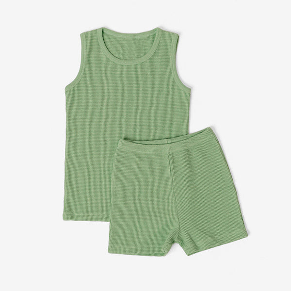 Girls Cotton Waffle Casual Sleeveless 2pcs Suit TZ126