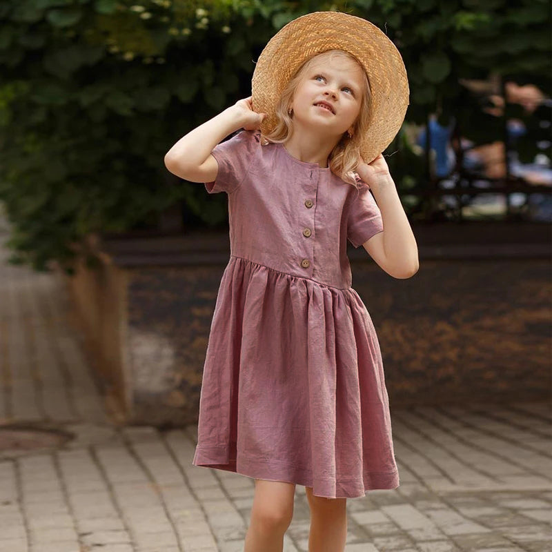 Round Neck Linen Short Sleeve Casual Sweet Princess Dresses TZ05